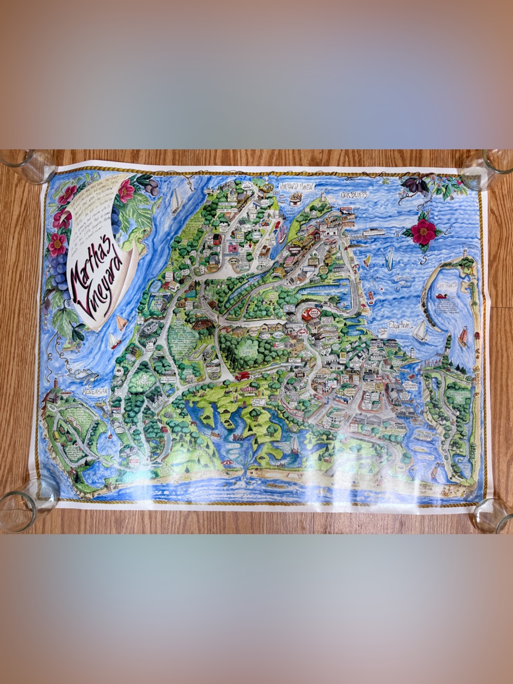 Vintage Martha's Vineyard Illustrated Map Wall Art - Colorful Blue & Green Print